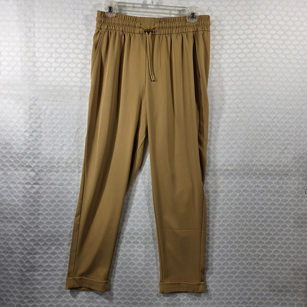 Stylus Women Camel Tan Elastic Waist Drawstring Cuffed Jogger Tapered Pants S